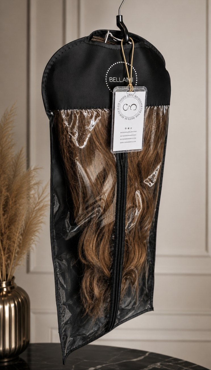Bellami Hair Extensions sanitized and stored in a Cedrian Greve Artistry protective garment bag